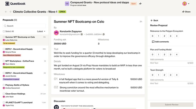 Review proposals based on an evaluation rubrics