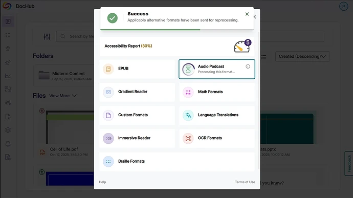 An audio podcast is generated from the Alternative Formats Menu.