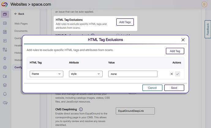 HTML Tag Exclusions modal in the EqualGround interface