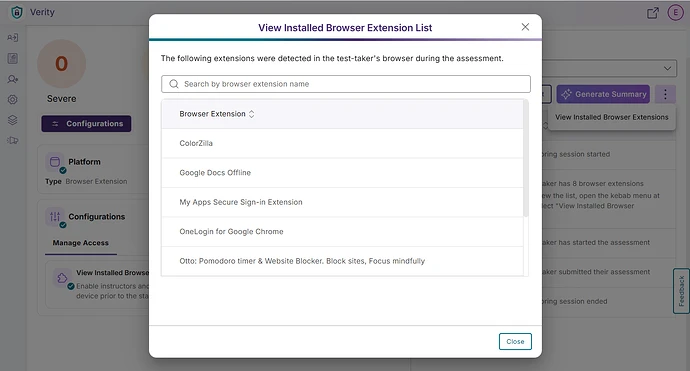 A modal in Verity showing all browser extensions detected in the test-taker's environment during the assessment.