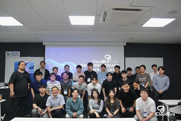 A group photo of people wearing name tags, standing and sitting in front of a CloudBro presentation banner. (Captioned by AI)