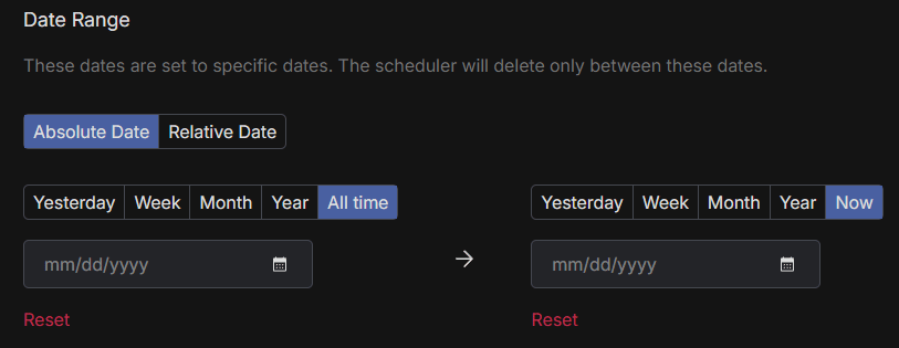 If shady characters dig deep enough into your past, they can almost always find vulnerabilities. Either cracks in your personal armor, or vulnerabilities in web properties you own and manage. Control how far back in history people can go when browsing your Stack Exchange content.  Worked on a top-secret project for most of 2021? Redact the whole year easily and quickly. Want to remove your entire account history except for the current year? Easily done. These types of tasks where mass amounts of posts and comments need to be deleted quickly are exactly what Redact was built for.  Redaction parameters can be finely tuned using start and end dates, allowing you to delete content either after a specific start date or before a designated end date. To refine your selection, simply click on the month or year labels to choose the appropriate time frame. Should you need to reconfigure your choices, the reset option, highlighted in red text, conveniently clears the selected date values for that field.