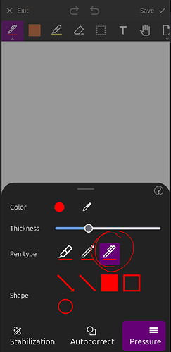 screenshot: last "pen type" is circled in the pen options menu