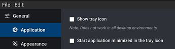 screenshot: Disabled show tray icon and start app minimized in the tray icon