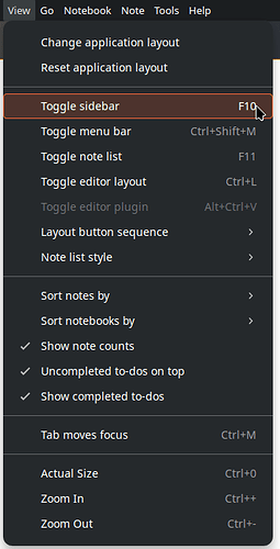 Screenshot: Shows content of the "View" menu, "Toggle sidebar (F10)" is highlighted