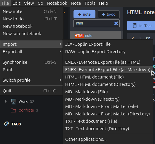 screenshot: File > Import > ENEX - Evernote Export File (as Markdown)