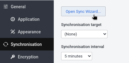 screenshot: Settings > Synchronization > Open sync wizard