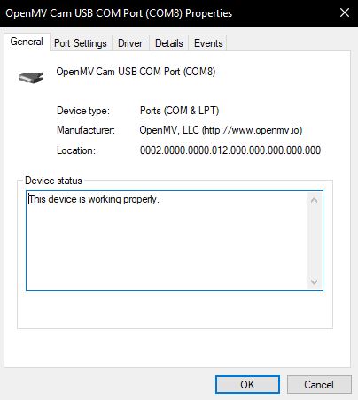 OpenMV H7 General In Windows Device Manager
