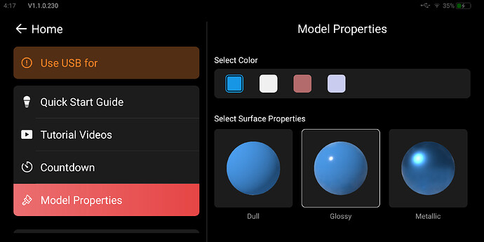 Model’s surface properties and color