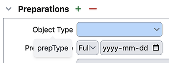 A mouse cursor hovering over the "Object Type" field showing the description as "prepType"