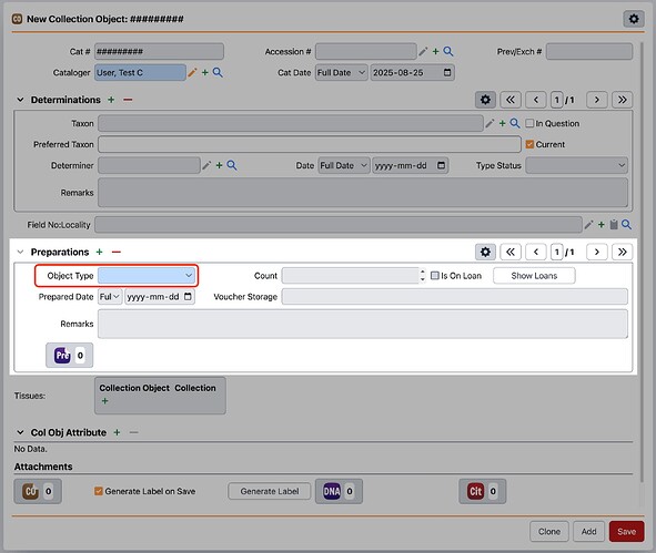 A field captioned "Object Type" is highlighted in red on the Preparations form