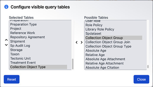 Visible Query Tables dialog with Collection Object Type selected