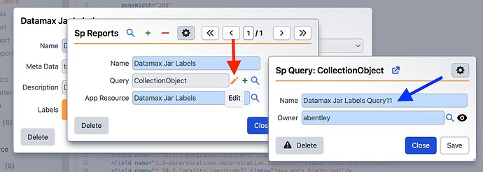 Arrows pointing to the query query combo box and pointing to the name