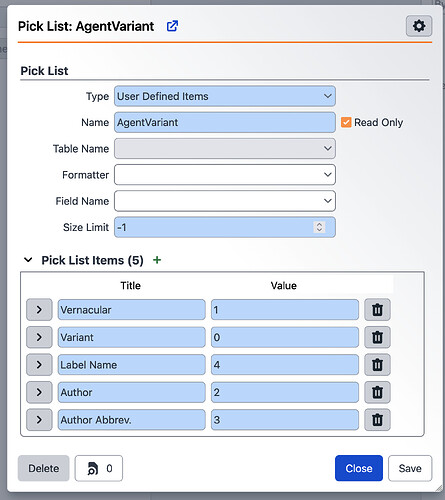 AgentVariant pick list form