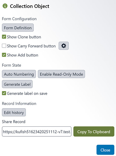 Form meta menu for Collection Object