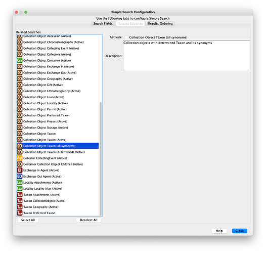 Collection Object Taxon (all synonyms) search
