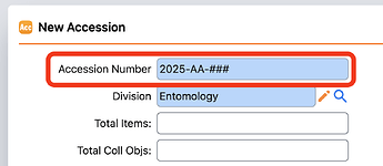 Accession Number field on the form