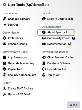 About Specify 7 button circled in the User Tools menu