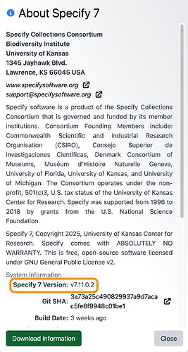 Specify 7 Version circled in the About Specify 7 menu