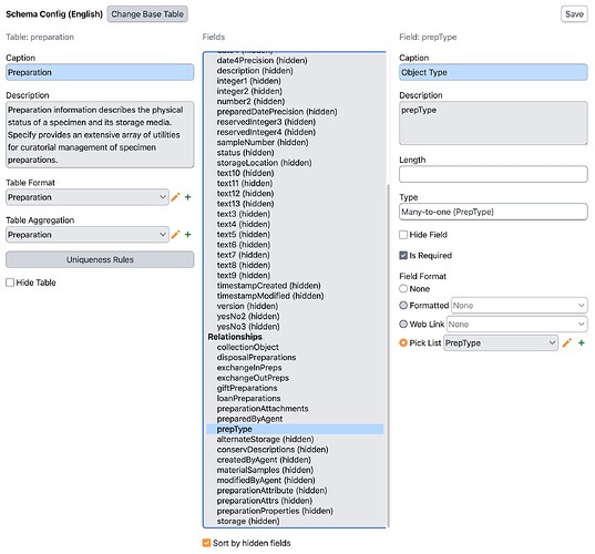 field selected in Schema Config list