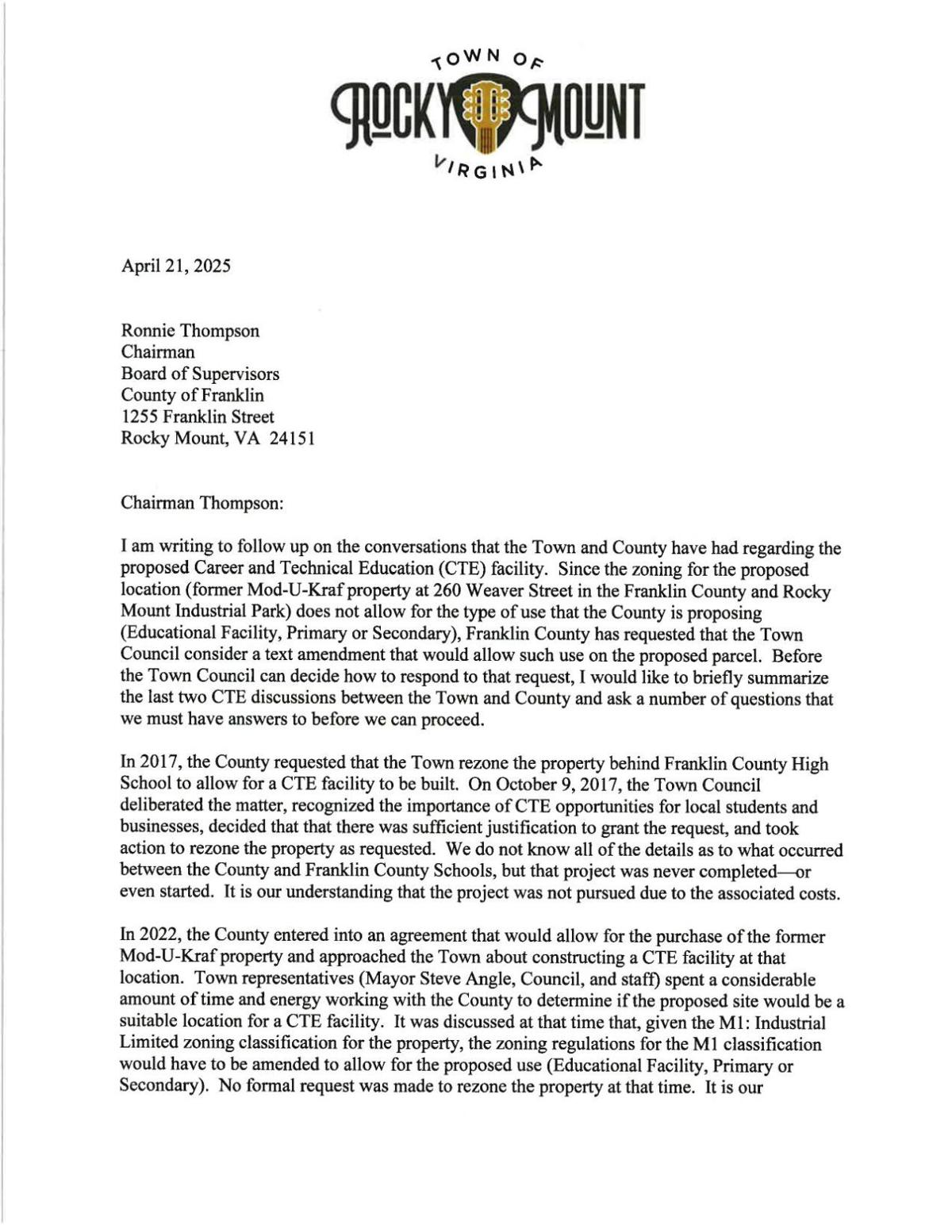 Letter from Rocky Mount Town Council to the Franklin County Board of Supervisors
