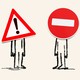 two characters standing apart from each other with cautionary road signs for faces
