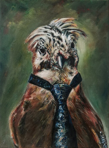 Brown Bird with a Tie by Jura Kuba Art, Oil painting on stretched canvas