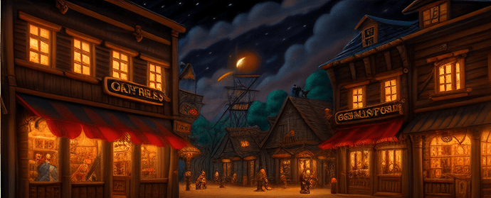 00063-oil painting of a pirate town at night, with shops, in the style of monkey island, with jungle
