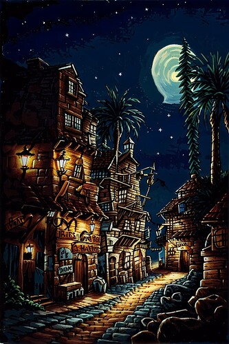 SierraLucas_a_pirate_town_at_night_with_shops_with_palms_1