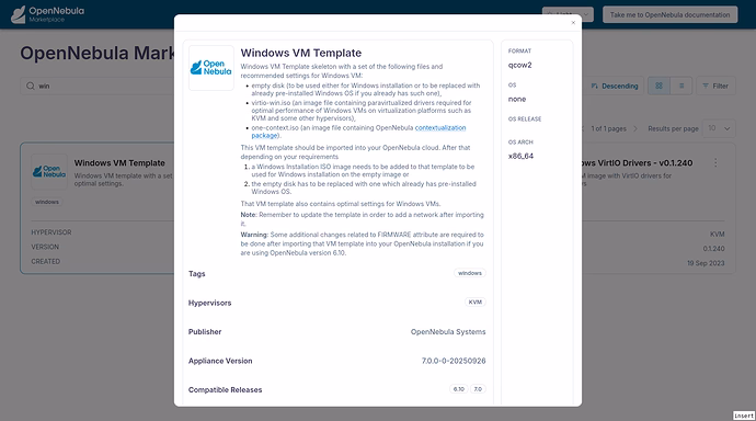 Screen capture of the Windows VM templace modal opened when I click on the appliance