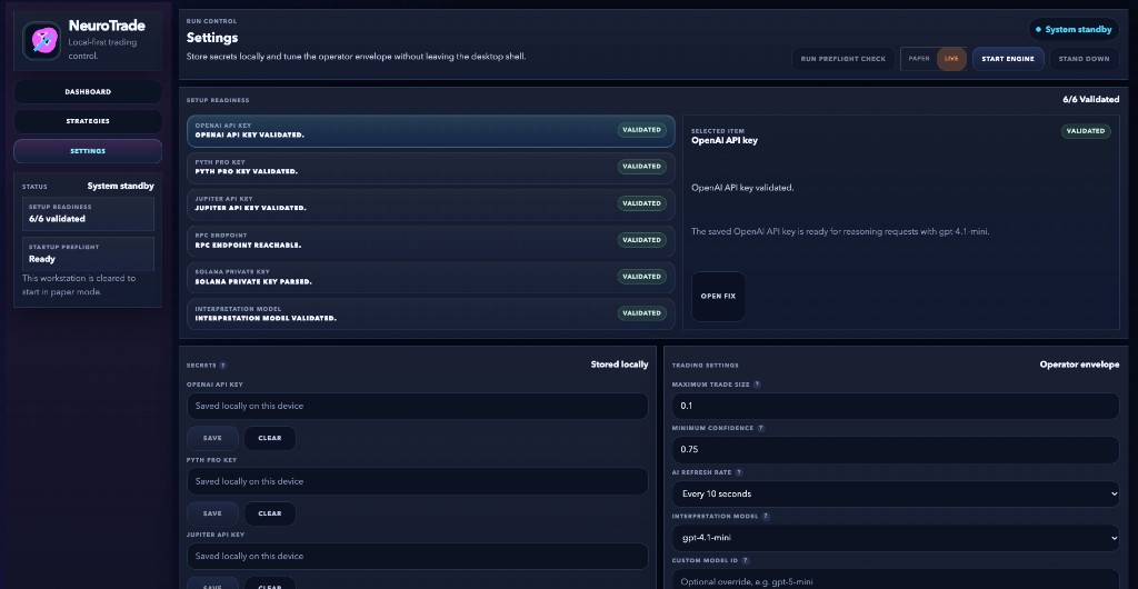 NeuroTrade Settings — setup readiness, local secrets, and trading parameters