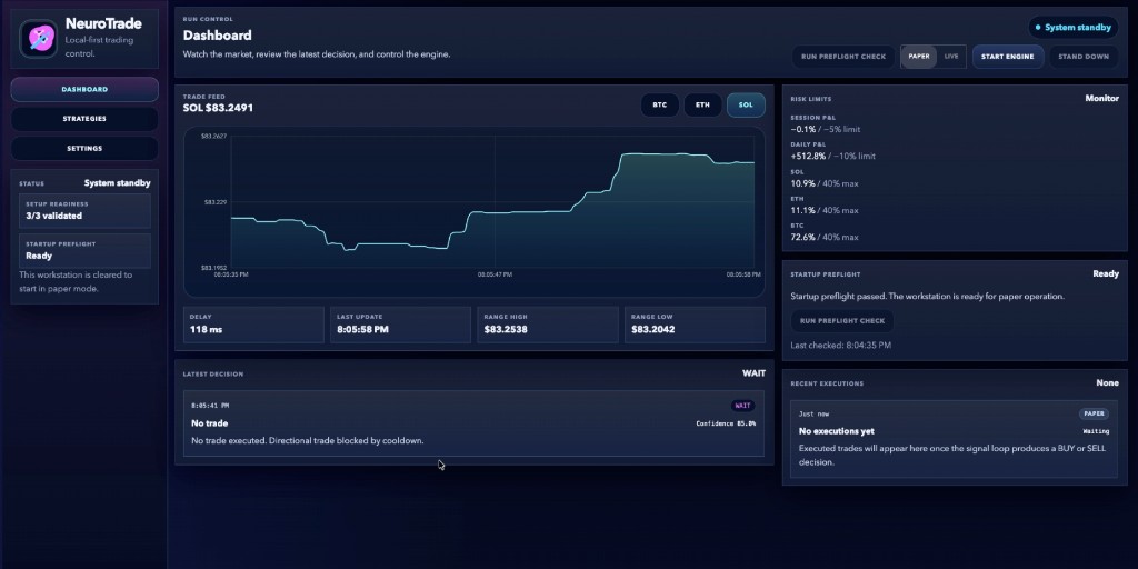 NeuroTrade dashboard — live chart, decision card, risk panel, and engine controls (paper mode)