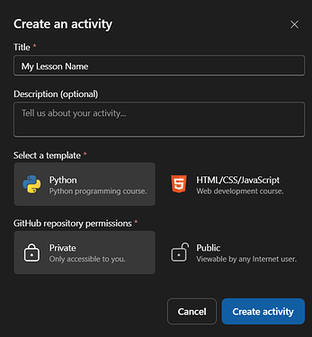Create activity dialog window