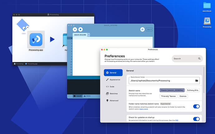 screenshot showing the Processing editor and preferences screen