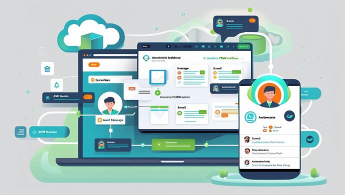 A modern, high-tech dashboard showing automated CRM workflows powered by AI. Visual elements include cloud computing icons, AWS Lambda logo, flowcharts with email, message, and database symbols. Background shows a