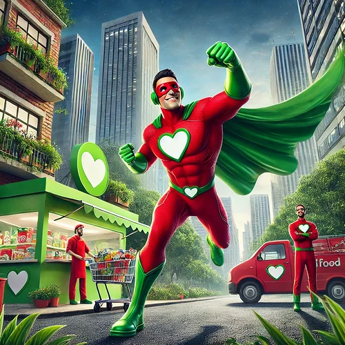 DALL·E 2025-03-01 23.54.30 - Novas cenas do mascote super-herói do iFood em ação, protegendo pequenos negócios locais e o meio ambiente. Em uma cena, ele usa sua superforça para s