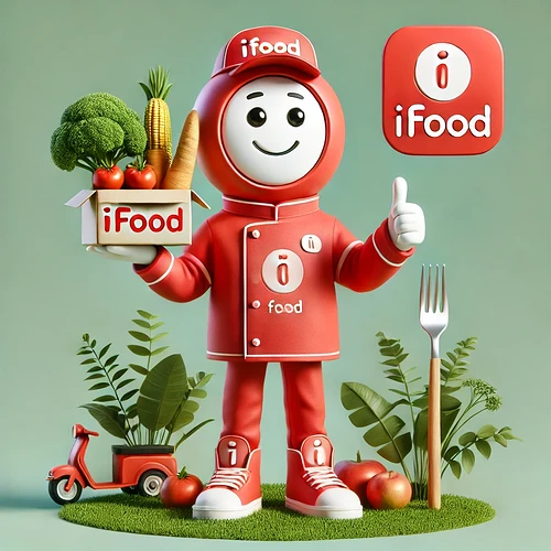 DALL·E 2025-03-01 23.47.20 - Criação de um mascote representando o iFood. O personagem é um simpático e carismático entregador, vestindo um uniforme vermelho com detalhes brancos,