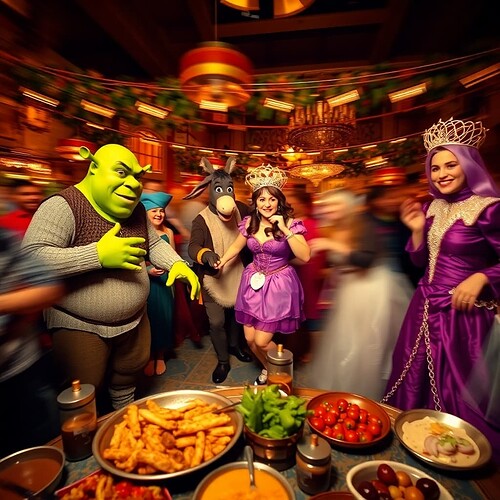 Long exposure photograph depicting a Shrek-themed costume party vibrant characters including Shrek, Donkey, Fiona, and the Fairy Godmother dancing amidst exotic food; motion blur, light trails, warm autumnal tones