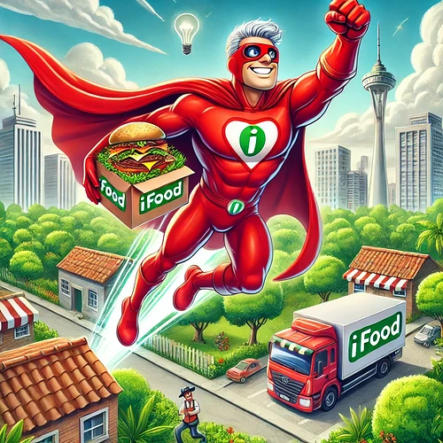 DALL·E 2025-03-01 23.52.08 - Uma ilustração épica do mascote super-herói do iFood salvando um pequeno negócio local e protegendo a natureza. O personagem veste seu uniforme vermel