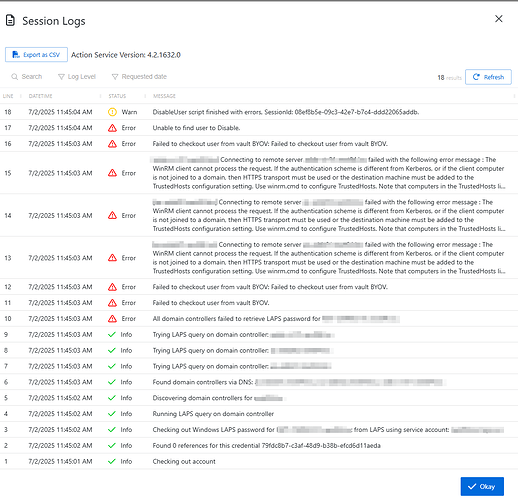 The image displays a session log interface showing various system errors and warnings related to user operations and connections, including issues with accessing remote servers and retrieving LAPS passwords. (Captioned by AI)