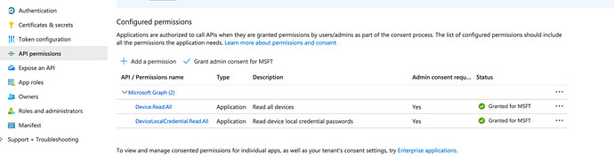 The image displays a screenshot of a permissions configuration interface for an application, detailing API permissions including Microsoft Graph and device access options. (Captioned by AI)