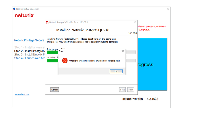 The image displays an installation window for Netwrix PostgreSQL v16 that indicates a progress of 70% along with an error message stating, "Unable to write inside TEMP environment variable path." (Captioned by AI)