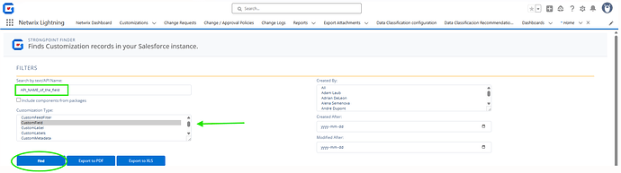 The image displays a user interface of the Netwrx Lightning platform, featuring the StrongPoint Finder tool for searching customization records in Salesforce. (Captioned by AI)