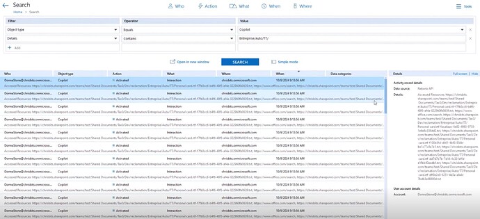 The image shows a detailed search interface displaying logged actions of a user named Donna Stone related to the Copilot object type, complete with timestamps and accessed resources. (Captioned by AI)