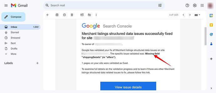 Passed issue Missing field "shippingDetails" (in "offers")