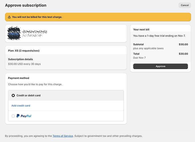 AppSubscriptionCreate with "test": true