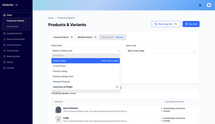 Choosing which product metafield to bulk edit