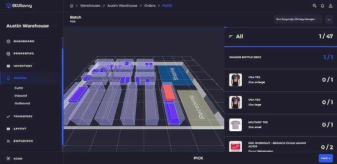 Visual pick pack through the warehouse