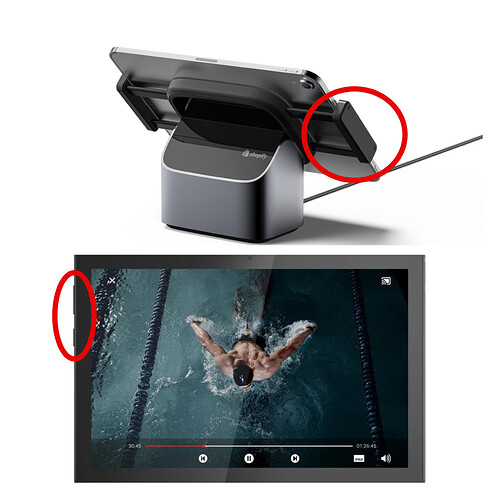 An image of the Shopify POS Tablet Case (USB-C) on the top, and the Lenovo Tab M10 at the bottom. The highlighted red circles showcases how the clamps of the USB-C iPad Case can potentially press against the physical home and volume buttons of the Tab M10.